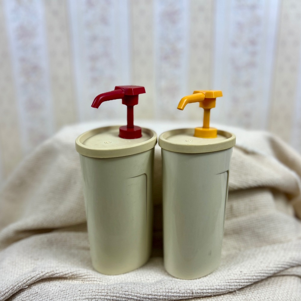 Vintage 1970s Tupperware 640 Ketchup Mustard Pump Dispenser Set Red Yellow